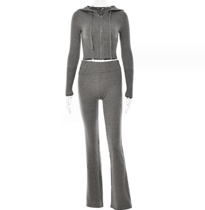 Hoodie Suit Women Leisure Sexy Zip Long Sleeve Sweater And High Waist Long Pants Set